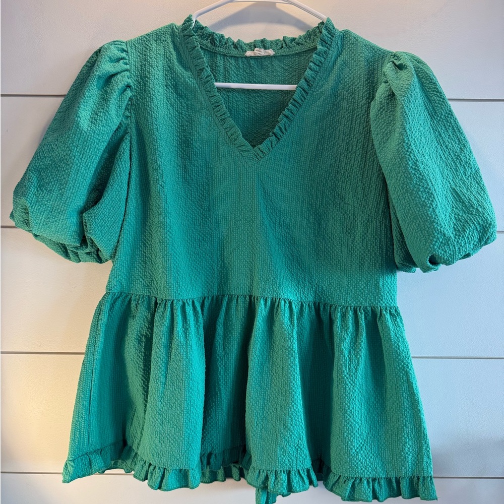 JODIFL Teal Ruffle Peplum Blouse